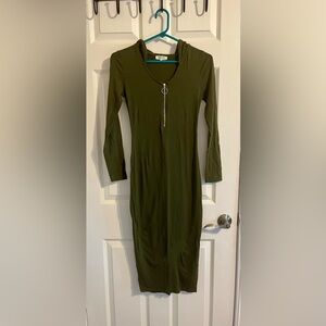 Heart & Hips Olive Green Long Sleeve Hoodie Fitted Midi Dress